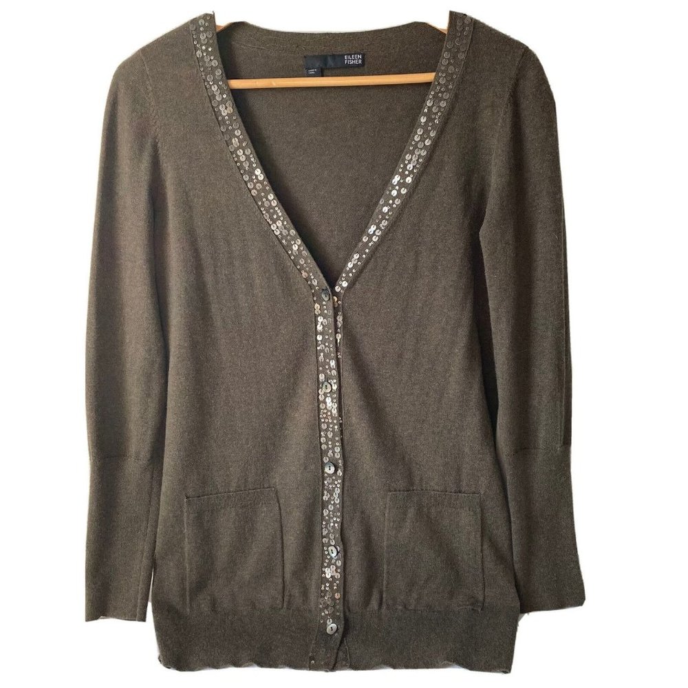Eileen‎ Fisher cotton cashmere cardigan sweater sequin green organic evening XS